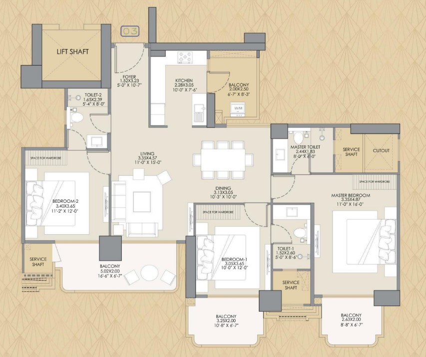 3BHK+ STUDY Floor Plan