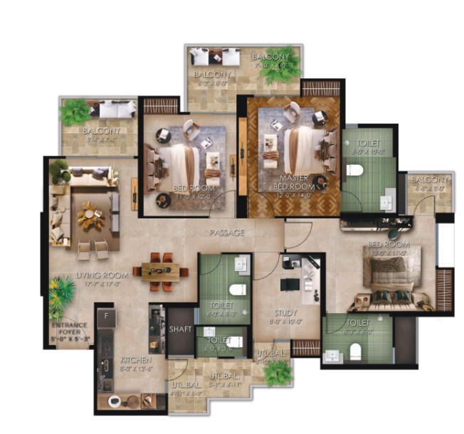 3BHK+ STUDY Floor Plan